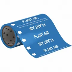 Blue adhesive pipe marker with white legend reading 'Plant Air', designed for pipe outer diameters of 2 inches and smaller. Supplied on a roll of 30 markers, each with directional arrows. Used to identify plant air piping systems in industrial facilities.