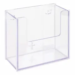 Wall-mounted lab storage bin made of clear PETG. Designed to hold a stack of lint-free wipes. Overall dimensions: 10 in length, 8 1/2 in height. Suitable for organizing wipes in cleanroom or laboratory environments.