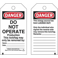 This lockout tag is used to clearly indicate a danger condition and prohibit equipment operation during maintenance. Made of heavy-duty polyester, it includes preprinted fields for date, name, and remarks. Suitable for industrial lockout/tagout safety programs.