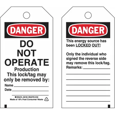 BRADY Lockout Tag: Danger, Danger Do Not Operate, Heavy Duty Polyester, Date/Name/Remarks - Safety