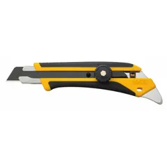 18mm snap-off knife with 8-segment blade, no stored blades. Rubberized contoured plastic handle in black/yellow. Used for cutting cardboard, drywall, plastic strapping, and sheet materials in construction, warehousing, and packaging.