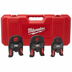 This jaw and ring set is designed for use with standard and extended press tools on black iron pipe. The kit includes three jaws covering pipe sizes from 1/2 in to 1 in. Suitable for pressing fittings in piping applications requiring leak-free connections.
