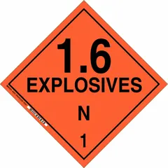 DOT placard for identifying Class 1 explosives during transport. Measures 10 3/4 in x 10 3/4 in with message '1.6 Explosives N 1'. Used on shipping containers, vehicles, or storage areas to indicate hazardous materials.