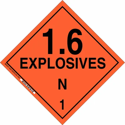 BRADY Class 1 Explosives Placard 1.6 Explosives N 1, 10 3/4 in x 10 3/4 in - Class 1: Explosives
