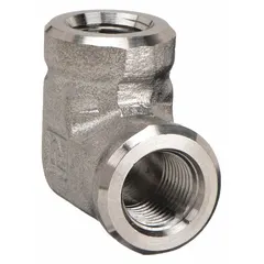 This 90° metal pipe elbow is used to change fluid direction in extreme-pressure instrumentation systems. Constructed from 316 stainless steel, it has a 1/8 in x 1/8 in pipe size, a maximum operating pressure of 5,500 psi, and a length of 1 21/64 in. Suitable for high-pressure hydraulic, pneumatic, and chemical applications.