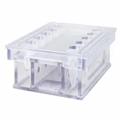 Benchtop magnetic bead separation rack made of clear PETG. Holds up to (10) tubes. Overall dimensions: 6 3/4 in length, 3 3/4 in height. Used in laboratory workflows for magnetic capture and washing steps.