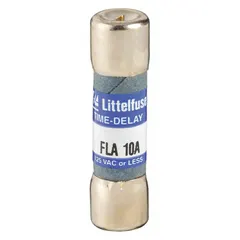 Time-delay midget fuse rated 10 A and 125 V AC, with dimensions 13/32 in x 1 1/2 in. Features an indicating function for visual identification of a blown fuse. Suitable for overcurrent protection in control circuits, lighting systems, and small motor applications.