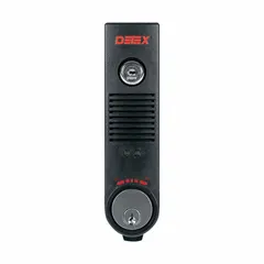 Battery-powered door alarm with horn sound, mortise cylinder, black plastic body. For exit door security in commercial, industrial, and institutional settings.