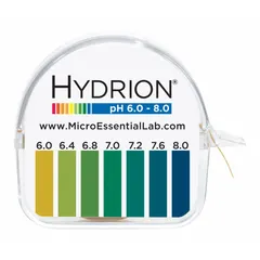 This HYDRION pH test paper provides 0.2 pH resolution for precise measurement in the neutral range of pH 6 to 8. Supplied as a 15-foot roll with a 1/4-inch width, it is suitable for water testing, chemical processing, and quality control applications requiring accurate pH indication.