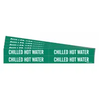 Green adhesive pipe markers with white legend reading 'Chilled Hot Water' for identifying pipes carrying chilled or hot water. Each marker fits pipe outer diameters from 3/4 to 2-3/8 inches. Pack includes 4 markers without directional arrows. Suitable for use in HVAC, plumbing, and process piping systems