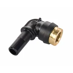 This push-to-connect elbow fitting connects 1/2 in OD to 3/8 in OD tubing. It is used in pneumatic air brake systems and fluid power applications requiring a leak-free joint. The fitting is made of brass and composite materials.