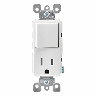 LEVITON Combination Switch/Outlet: Rocker Switch, 5-15R, White, 120V AC - Straight-Blade Outlets & Rocker Switches