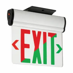 Surface-mount edge-lit exit sign with grey aluminum housing and red/green switchable LED text. Universal face design for emergency-only (EM only) operation. Suitable for egress marking in commercial and industrial settings.
