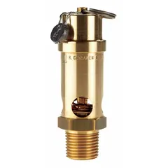 Soft seat pneumatic safety valve with 1/2 in male NPT inlet and 1/2 in female NPT outlet, constructed from brass with a silicone seat. Designed for overpressure protection in pneumatic systems, providing enhanced sealing for air and gas applications.