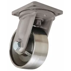 This extreme-duty swivel plate caster features a face brake for controlled movement in heavy industrial applications. The 10-inch diameter, 4-inch wide wheel with roller bearing supports high-load capacities on material handling carts, platform trucks, and tow-line systems. Steel construction and silver wheel/tread color provide durability in demanding environments.