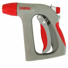 This pistol-grip nozzle features a front-trigger design for one-handed flow control. It connects via standard GHT (garden hose thread) and is constructed from Hi-Temp Poly material. Rated for fluid temperatures up to 100°F, it is suited for general watering, washdown, and light cleaning tasks.