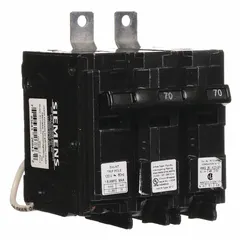 70 A, 2-pole miniature circuit breaker with shunt trip, rated 120/240V AC. Part of the BL Series, bolt-on style, with a maximum AIR rating of 10kA at 120/240V AC. Designed for overcurrent protection and remote tripping in Siemens P1 panelboards for commercial and industrial electrical distribution systems.