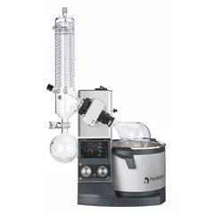 Motorized lift rotary evaporator with 5 L capacity, 10 to 280 RPM speed range, and 1300 W heating capacity. Includes G3 x L vertical condenser, vacuum controller, and direct access to two favorites on the start screen. No vapor temperature sensor. Suitable for solvent removal under reduced pressure in laboratory distillation processes.