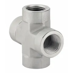 Steel pipe cross with four 1-1/4 in female NPT ports, rated for 5,000 psi maximum operating pressure. Used in high-pressure hydraulic systems to split fluid flow in four directions, typical in industrial machinery and plant piping.
