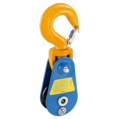 This hook-attached snatch block is designed for pulling applications with wire rope. It features a steel construction with a swivel hook and sleeve, and has a working load limit of 8,000 lb. Compatible with 1/2 in and 3/8 in rope diameters, it is used in rigging and industrial pulling to redirect loads or provide mechanical advantage.