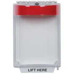 This red flush-mount wall fixture guard protects fire alarm pull stations while incorporating an integrated horn for audible alerting. It features a 'LIFT HERE' legend and is designed for wall-mount installation.