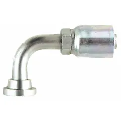 Steel 90° elbow crimp fitting with flange x crimp connection for -8 hose dash size. Male x genderless configuration with 0.511"-27 thread. Used in fluid power systems to connect hose to flange ports.