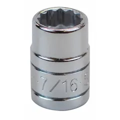 This 3/8" drive hand socket features a 7/16" SAE size with a 12-point standard configuration. The chrome finish provides corrosion resistance. Commonly used for tightening or loosening hex fasteners in automotive repair, machinery maintenance, and general assembly.