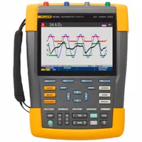 Handheld motor drive analyzer with LCD display, USB interface, and Auto triggering mode. Measures AC voltage with True RMS accuracy and 1 mV resolution. Includes VPS410-II-R 10:1 500MHz Voltage Probe. CAT IV 600V safety rating. Suitable for troubleshooting variable frequency drives and motor systems