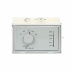 Manual changeover thermostat for heat and cool applications, operating on 20 to 30V AC. Temperature control range 50° to 90°F with 1°F heating and 1.5°F cooling differential. Features slide switch control, Auto-On fan setting, and vibration-resistant design. Suitable for residential or light commercial HVAC systems.