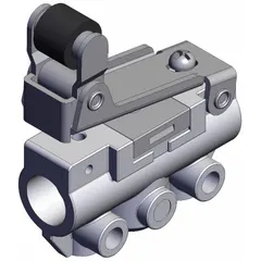 One-way roller actuator, side-ported body manual air control valve with 3 ports and 1/8 in NPT connections. Used in pneumatic systems for directional airflow control in applications such as industrial automation and material handling.