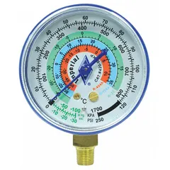 Analog compound pressure gauge for low-side measurement in HVACR systems. Features a 2 1/2 in diameter dial, non-liquid filled, with a range of 14.7 psi to 250 psi. Accuracy ± 3-2-3%. Blue color. Designed for use with R-22 refrigerant.