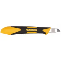 This 9mm snap-off knife features a rubberized, contoured plastic handle for a secure grip. The blade has 13 segments, allowing the user to snap off a dull tip to expose a fresh sharp edge. Suitable for precision cutting tasks such as trimming drywall, opening boxes, cutting carpet, and scoring materials.