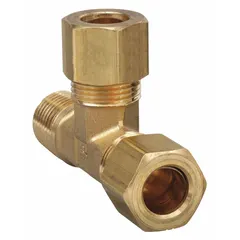 This brass compression tee fitting creates a branch connection in tubing systems, splitting flow from one line into two. It accommodates 3/8 in OD tube on two ends and 1/4 in pipe on the third. Supplied in a 10-pack.