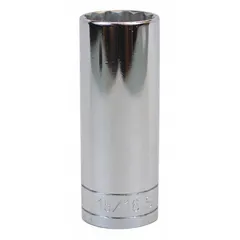 This 1/2" drive hand socket features a 15/16" SAE size with a 12-point configuration and deep length for accessing recessed fasteners. The chrome finish provides corrosion resistance. Suitable for turning nuts and bolts in automotive, industrial, and mechanical applications.