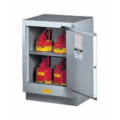 Stationary steel cabinet for storing flammable liquids. Silver finish with self-closing doors. Overall dimensions: 35 3/4 in height, 24 in width, 21 5/8 in depth. Compatible with benches for laboratory or industrial use.