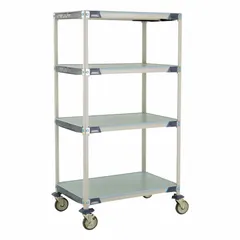 This mobile shelving unit from METRO features four standalone shelves constructed of 304 stainless steel, providing antimicrobial and corrosion-resistant properties. With an overall height of 67 inches, it is equipped with two swivel casters with brakes for mobility and stability. NSF approved, it is suited for harsh environments requiring hygienic storage and transport.