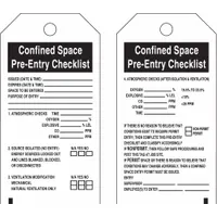 White cable-tie tags for documenting confined space pre-entry checks. Each tag includes fields for issued/expires date and time, space to be entered, purpose of entry, and four atmospheric checks after isolation and ventilation. Sold in a 25-pack