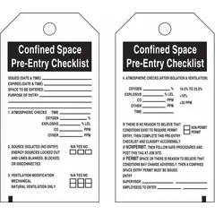 White cable-tie tags for documenting confined space pre-entry checks. Each tag includes fields for issued/expires date and time, space to be entered, purpose of entry, and four atmospheric checks after isolation and ventilation. Sold in a 25-pack.