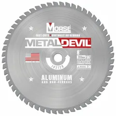 This carbide-tipped circular saw blade is designed for cutting aluminum and soft metals. With 56 teeth and a 0.08-inch cut width, it produces clean, precise cuts. The 5/8-inch arbor fits standard saws. Suitable for fabrication, construction, and metalworking tasks.