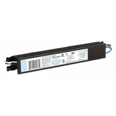 Instant start electronic ballast for 2 or 3 F32T8 fluorescent lamps. Operates on 120 to 277V AC input and supports bulb wattages of 17 W, 25 W, 28 W, 32 W, and 40 W. Suitable for use in commercial troffers, strip lights, and industrial high-bay fixtures.