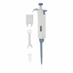 Manual adjustable volume pipettor with a maximum capacity of 10 µL and 0.1 µL volume increments. Suitable for precise liquid handling in laboratory settings, including micro-volume applications such as PCR setup and reagent addition. Light gray finish.