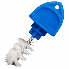 Plastic bottle stopper in blue/white color. Designed for use with beer taps to seal and maintain cleanliness in beverage dispensing systems.