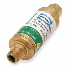 Regulator-mount flashback arrestor for oxygen service. Prevents reverse gas flow and flame propagation into the regulator. Connection size 9/16"-18, compliant with CGA 022 (Oxygen) standards. Used in welding, cutting, and industrial gas systems.