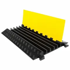 Rubber straight-section cable ramp with five hinged channels for routing and protecting cables and hoses from vehicle traffic. Black/yellow color for visibility. Accepts cables up to 1 3/8 in diameter. Width 23 1/2 in, height 3 in.