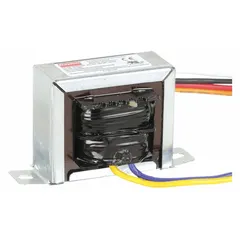 Open Class 2 transformer with 20 VA rating. Input voltage 208V AC; output voltage 24V AC. Foot mounting style. Primary and secondary connections via wire leads. Suitable for low-voltage control circuits in HVAC, lighting, and industrial automation applications.
