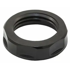 This NPT cable grip lock nut is made of black nylon with a 1/2" thread size. It is UL Listed for secure fastening of cord connectors in electrical panels and junction boxes. The low-profile design minimizes protrusion, suitable for tight spaces in industrial cable management applications.