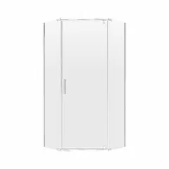 Frameless neo-angle shower door for corner enclosures. Overall height 74 in, fixed panel width 18-1/2 in, maximum door width 25-1/4 in. Suitable for residential bathroom installations.