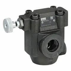 Adjustable pressure relief valve with cast iron body. Designed for hydraulic systems to limit pressure and protect components from overpressure. Suitable for industrial machinery, mobile equipment, and fluid power systems requiring precise pressure control.