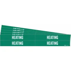 Green adhesive pipe marker with white 'Heating' legend, designed for pipes carrying hot water, steam, or thermal fluids. Fits pipe outer diameters from 3/4 to 2-3/8 inches. Pack includes 4 markers without arrows, supplied in a 5-pack quantity for multiple labeling points.