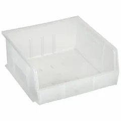 Clear plastic storage bin for organizing small parts, components, or hardware in industrial, warehouse, and workshop settings. Clear design and included label holder enable quick visual identification and inventory management. Not electrostatic discharge conductive.